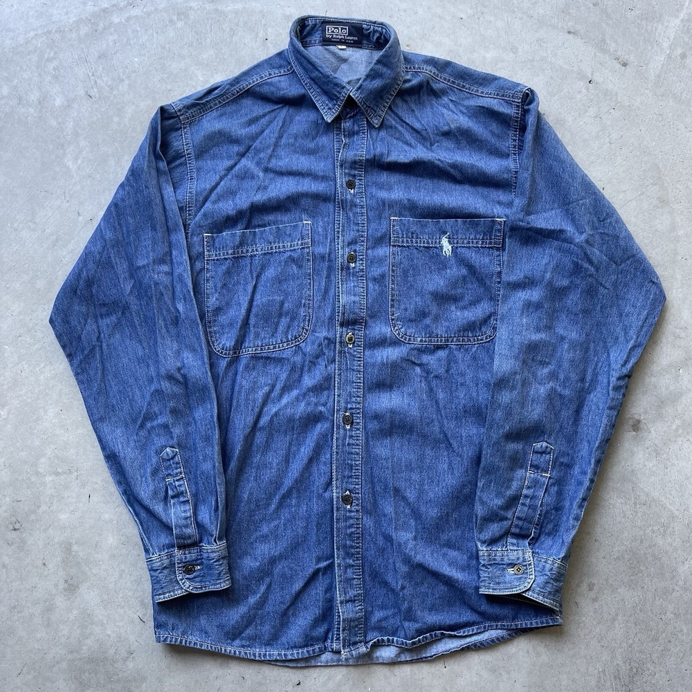 Polo Ralph Lauren Shirt Blue 80s Vintage Denim Button Down Large Made In USA - Picture 1 of 7